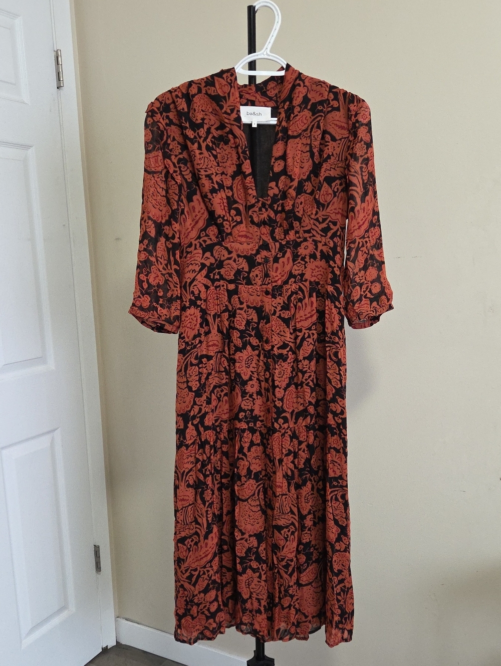 ba&sh Black and Rust Floral Midi Dress